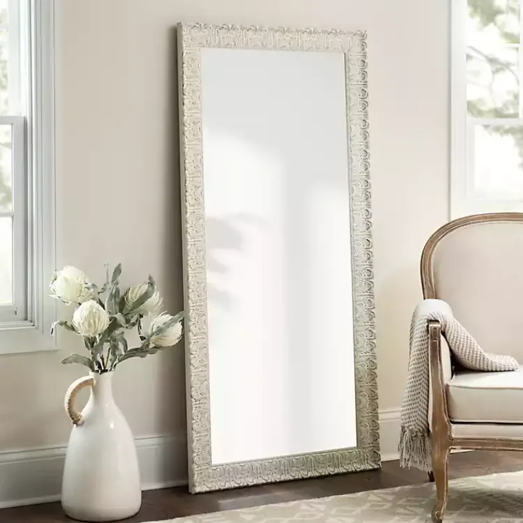 Full Length & Floor Mirrors-Kirklands Home Ornate Distressed Cream Leaner Mirror