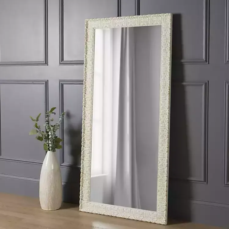 Full Length & Floor Mirrors-Kirklands Home Ornate Distressed Cream Leaner Mirror