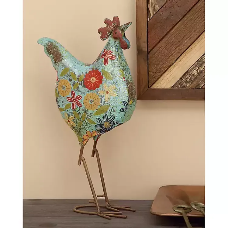 Garden Statues-Kirklands Home Blue Floral Metal Rooster Statue