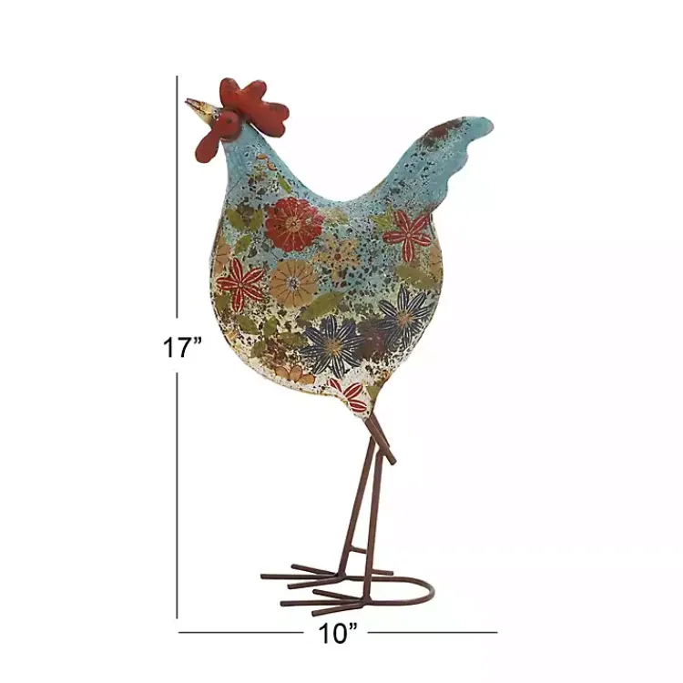 Garden Statues-Kirklands Home Blue Floral Metal Rooster Statue