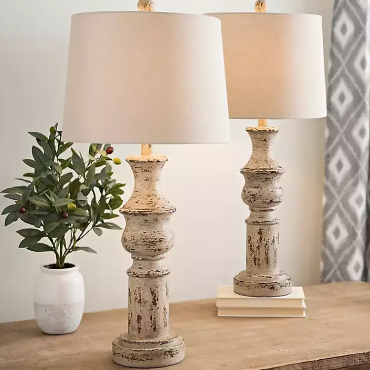 Table Lamps-Kirklands Home Distressed Cream Table Lamps, Set of 2 Tan