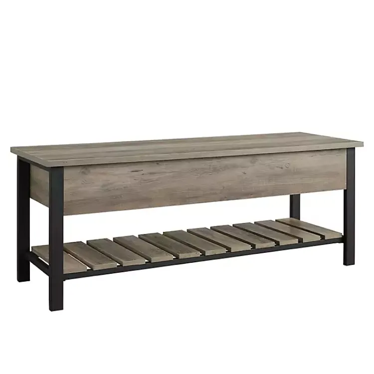 Entryway Furniture-Kirklands Home washed Lift-Top Storage Bench Gray