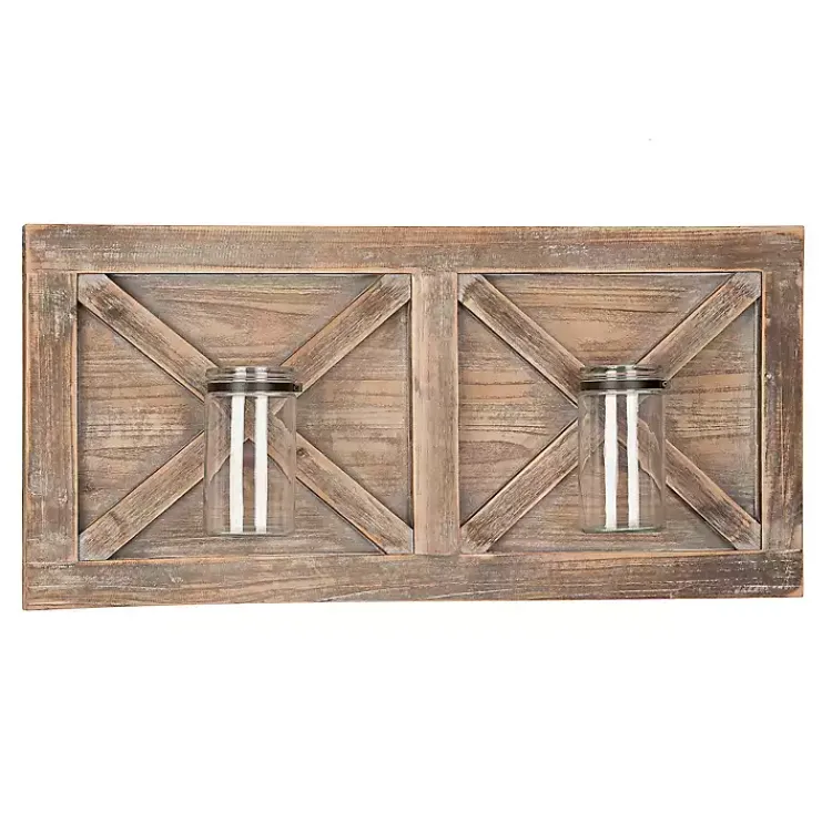 Wall Plaques-Kirklands Home Barn Door Wall Plaque with Glass Vases Brown