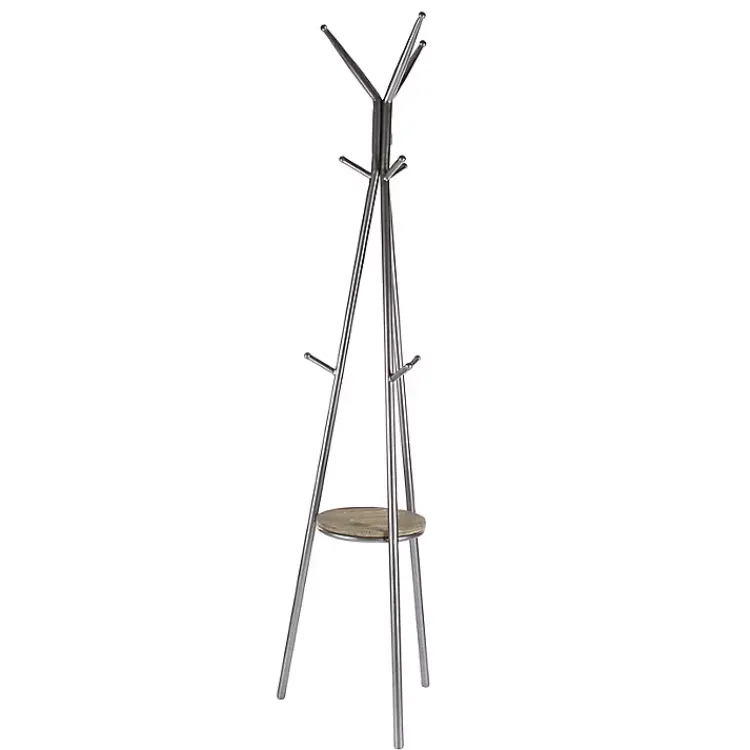 Entryway Furniture-Kirklands Home Silver Metal Tripod Coat Rack with Shelf