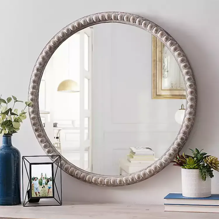 Decorative Mirrors-Kirklands Home Round Natural Beaded Wall Mirror