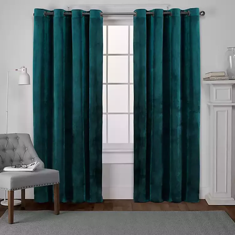 Curtains & Drapes-Kirklands Home Teal Heavyweight Velvet Curtain Panel Set, 84 in.