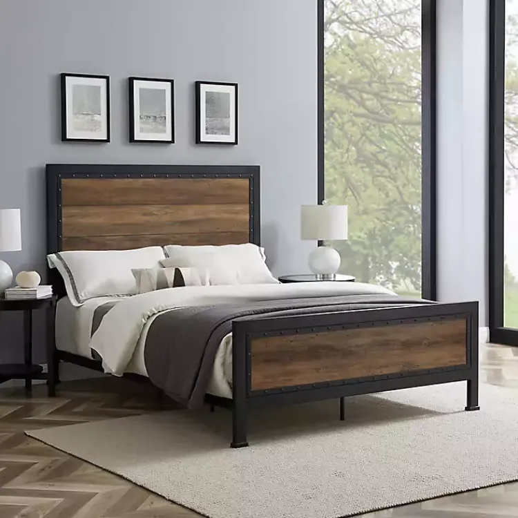 Beds & Headboards-Kirklands Home Industrial Rustic Oak Queen Bed with Metal Frame Brown