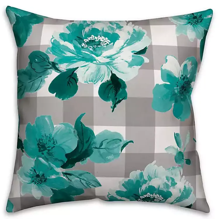 Outdoor Cushions & Pillows-Kirklands Home Teal Floral Buffalo Check Outdoor Pillow
