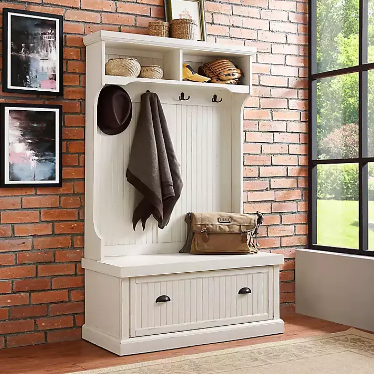 Entryway Furniture-Kirklands Home Distressed Seanan Storage Hall Tree White