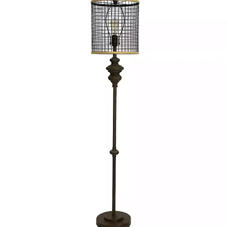 Floor Lamps-Kirklands Home Industrial Edison Bulb Metal Mesh Shade Floor Lamp Black