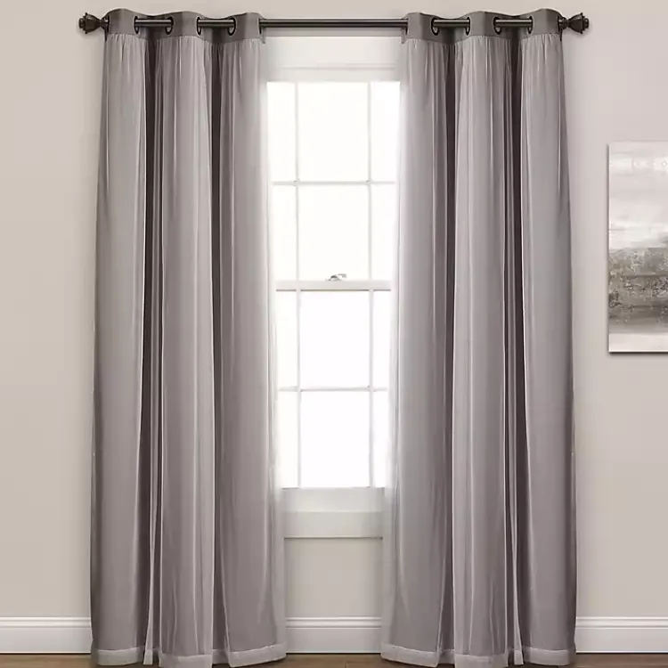 Curtains & Drapes-Kirklands Home Curtain Panel Set with Overlay, 84 in. Gray