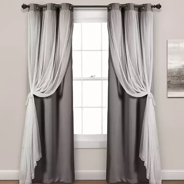 Curtains & Drapes-Kirklands Home Curtain Panel Set with Overlay, 84 in. Gray