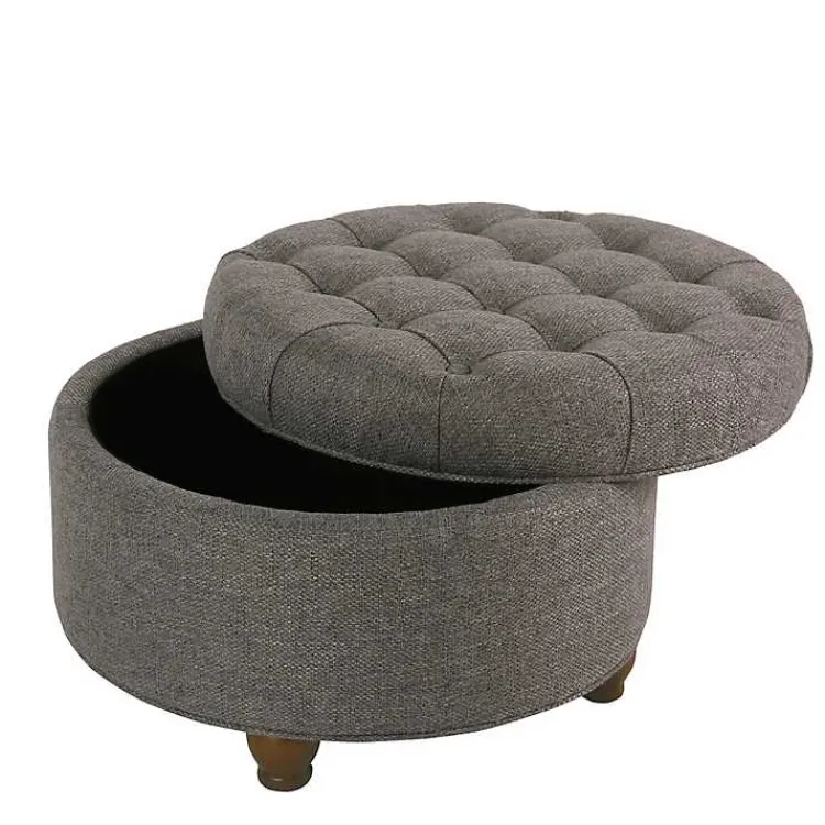 Benches & Ottomans-Kirklands Home Dark Tufted Round Storage Ottoman Gray