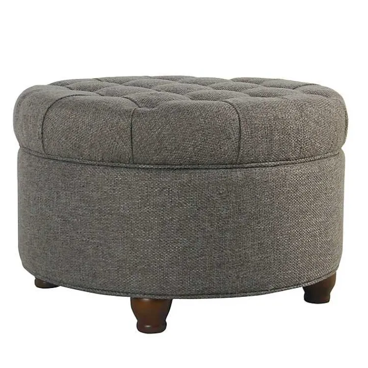 Benches & Ottomans-Kirklands Home Dark Tufted Round Storage Ottoman Gray