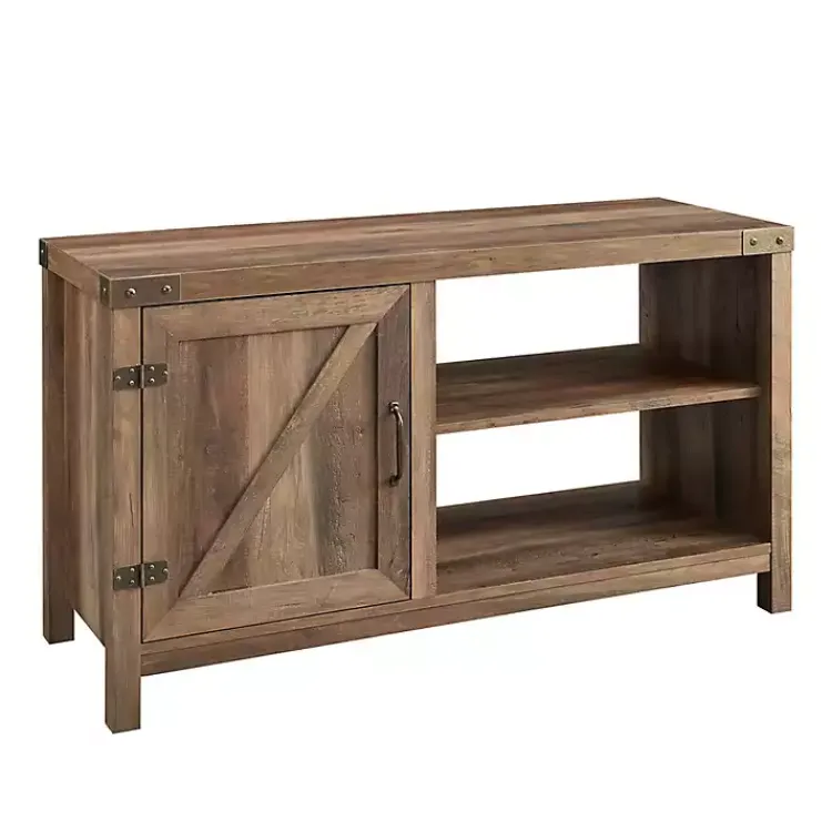 Tv Stands & Media Consoles-Kirklands Home Barn Door Rustic Oak TV Stand with Open Shelves Brown