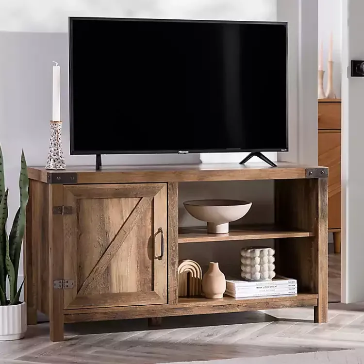 Tv Stands & Media Consoles-Kirklands Home Barn Door Rustic Oak TV Stand with Open Shelves Brown