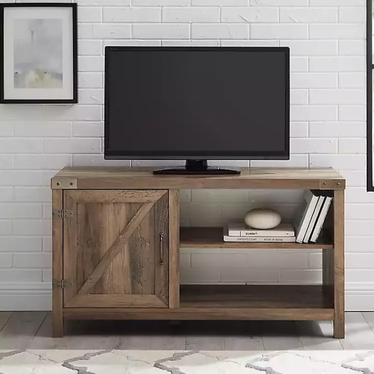 Tv Stands & Media Consoles-Kirklands Home Barn Door Rustic Oak TV Stand with Open Shelves Brown