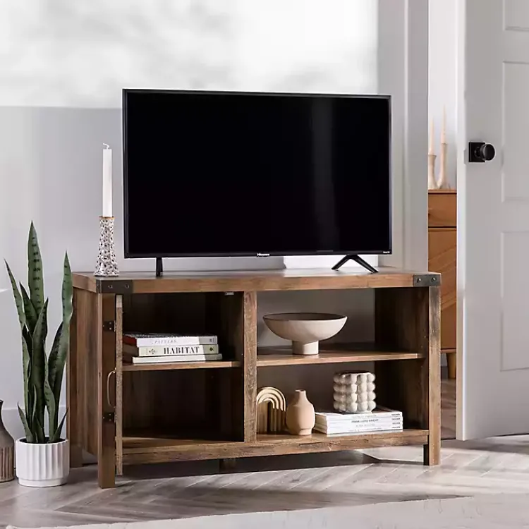 Tv Stands & Media Consoles-Kirklands Home Barn Door Rustic Oak TV Stand with Open Shelves Brown