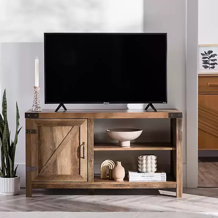 Tv Stands & Media Consoles-Kirklands Home Barn Door Rustic Oak TV Stand with Open Shelves Brown