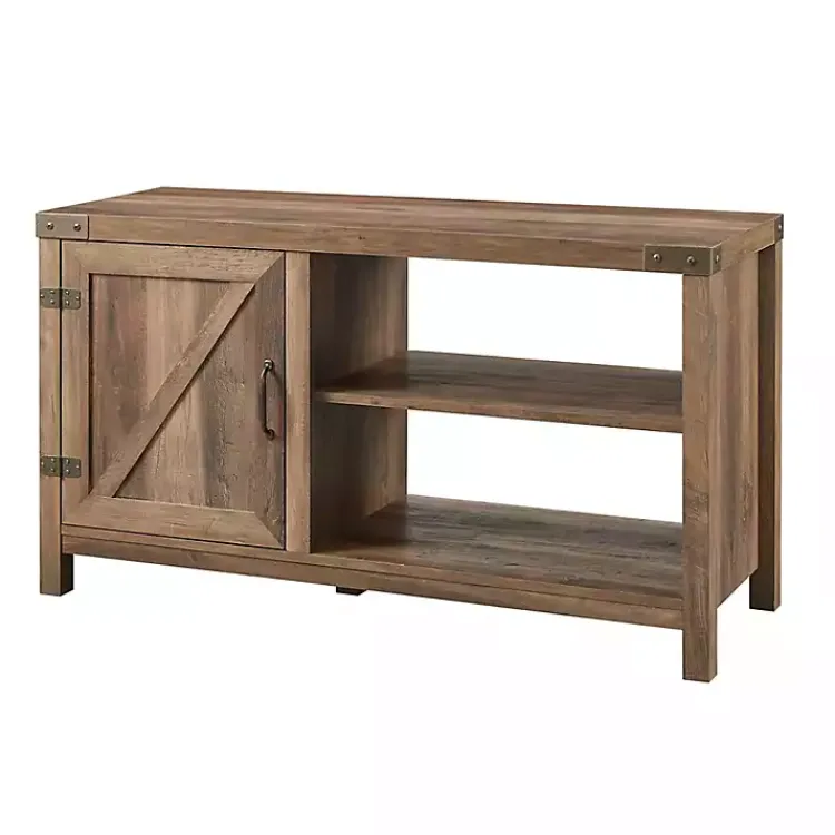 Tv Stands & Media Consoles-Kirklands Home Barn Door Rustic Oak TV Stand with Open Shelves Brown