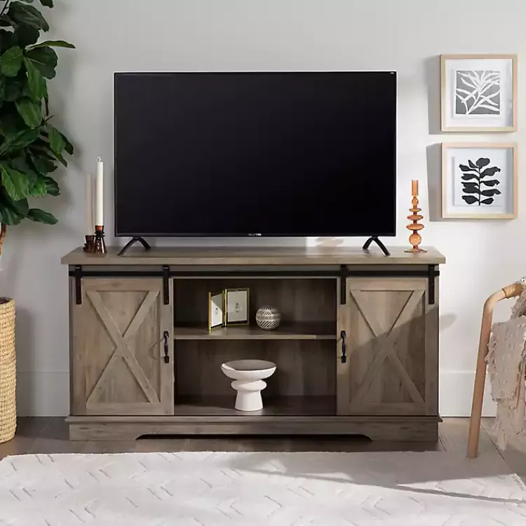 Tv Stands & Media Consoles-Kirklands Home Sliding Barn Door Open Shelf Wash TV Stand Gray