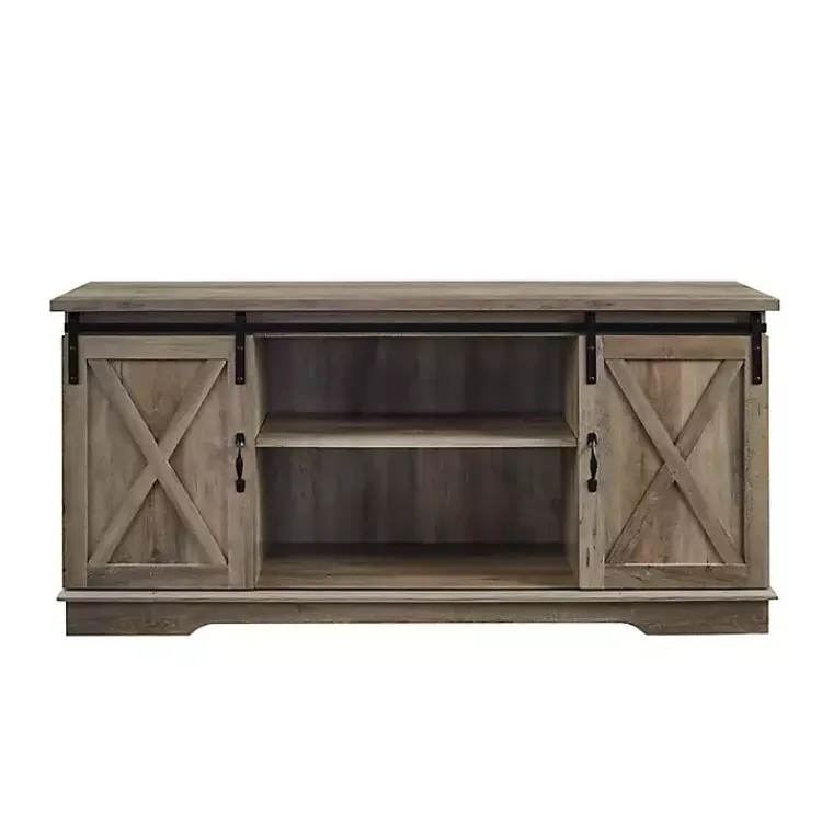 Tv Stands & Media Consoles-Kirklands Home Sliding Barn Door Open Shelf Wash TV Stand Gray