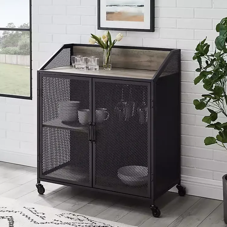 Cabinets & Sideboards-Kirklands Home Urban Mesh Door Rolling Bar Cabinet Gray