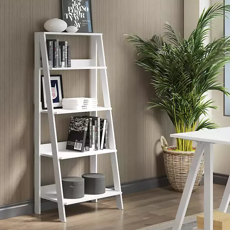 Office Furniture-Kirklands Home 4-Tier Ladder Bookshelf White