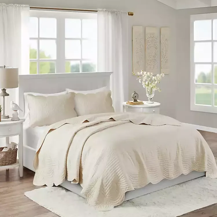 Bedspreads & Coverlets-Kirklands Home Scalloped Monica 3-pc. King Coverlet Set Ivory