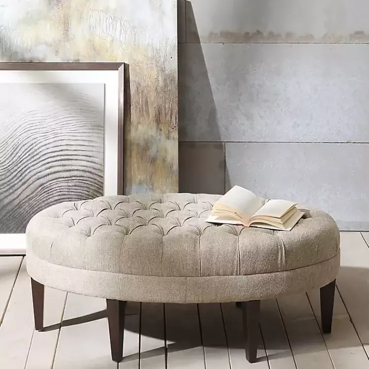 Benches & Ottomans-Kirklands Home Cory Tufted Natural Linen Ottoman Tan