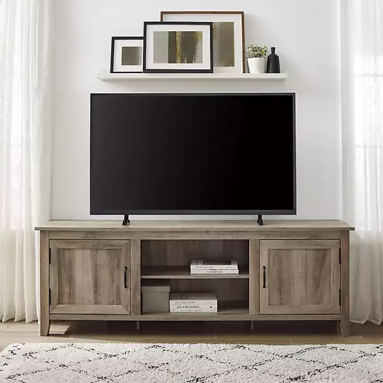 Tv Stands & Media Consoles-Kirklands Home Gray Wash Wood Grooved Door TV Stand Brown