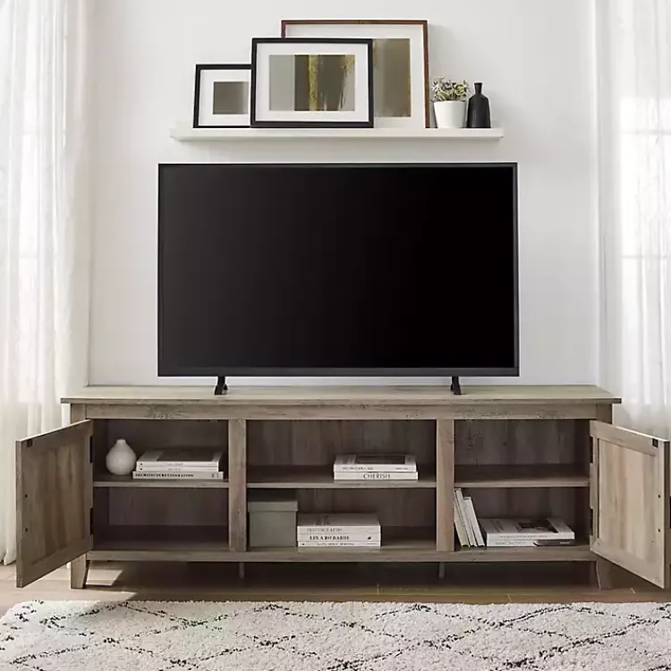 Tv Stands & Media Consoles-Kirklands Home Gray Wash Wood Grooved Door TV Stand Brown