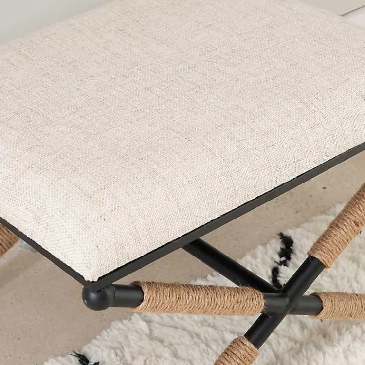 Benches & Ottomans-Kirklands Home Black Metal Legs Bench with Rope Detail White