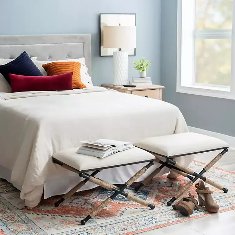 Benches & Ottomans-Kirklands Home Black Metal Legs Bench with Rope Detail White