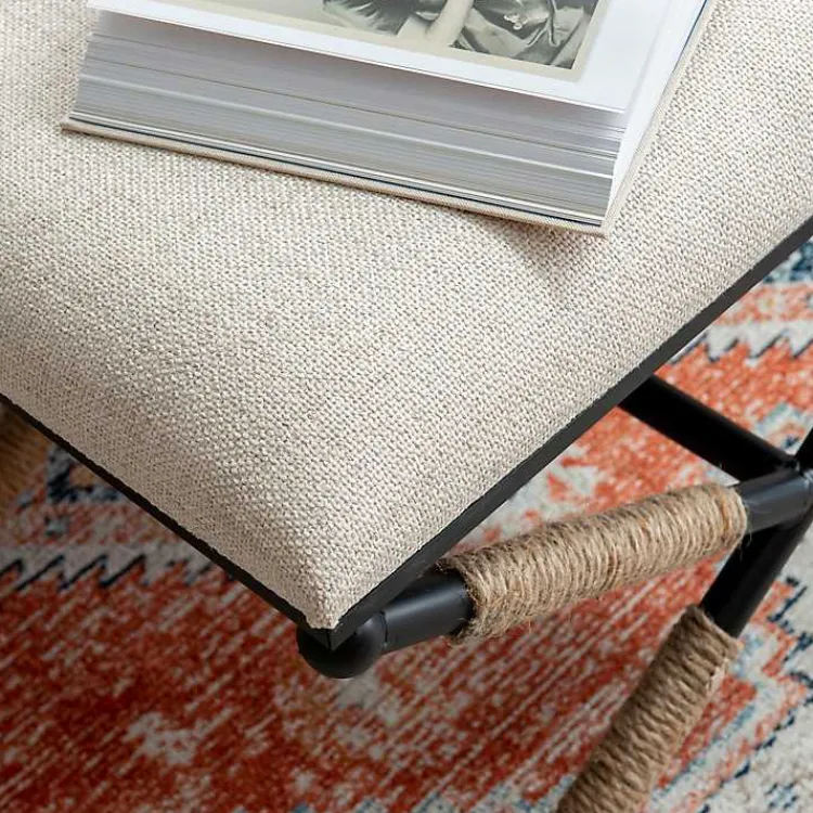 Benches & Ottomans-Kirklands Home Black Metal Legs Bench with Rope Detail White