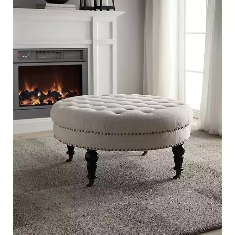 Benches & Ottomans-Kirklands Home Charlotte Tufted Round Natural Ottoman White