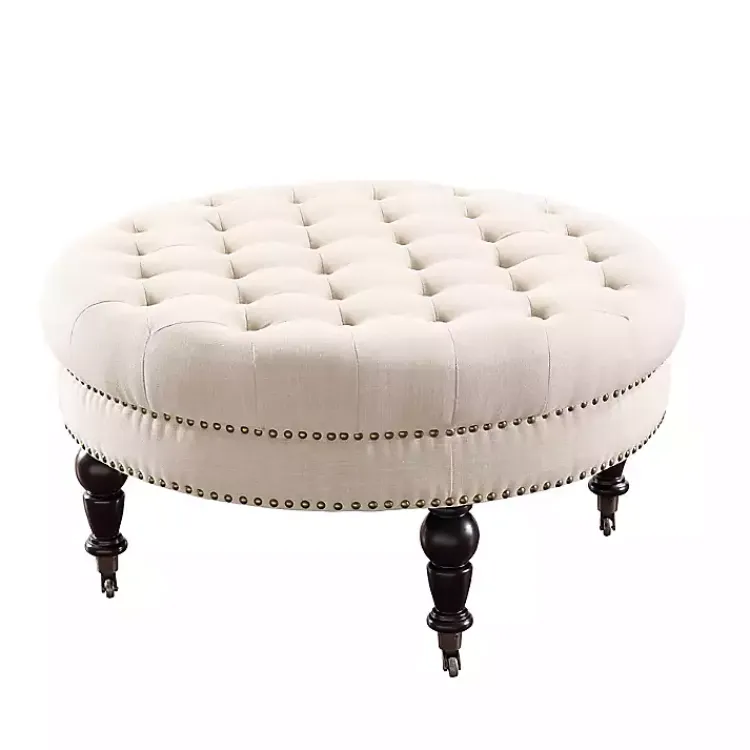 Benches & Ottomans-Kirklands Home Charlotte Tufted Round Natural Ottoman White