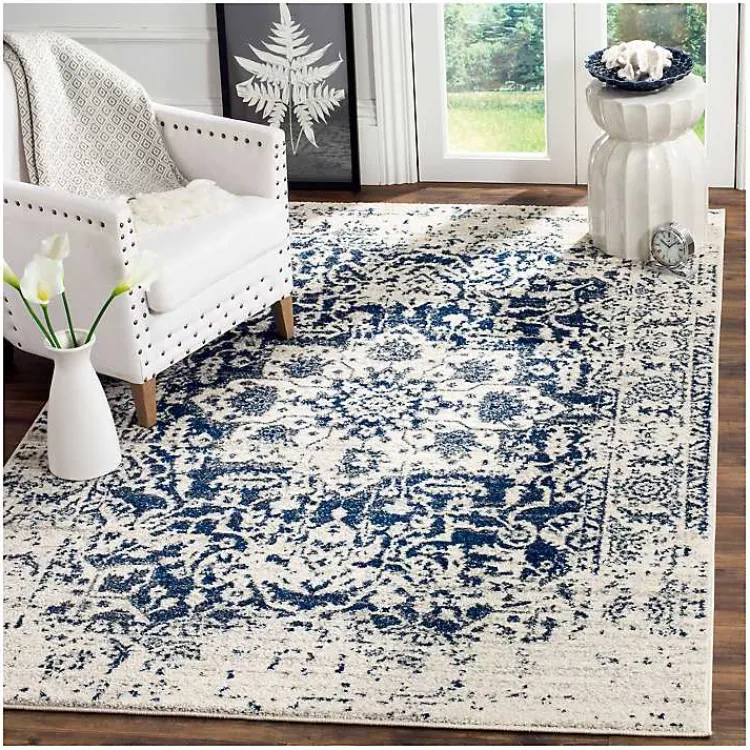 Area Rugs-Kirklands Home Navy and Cream Madison Distressed Area Rug, 6x9