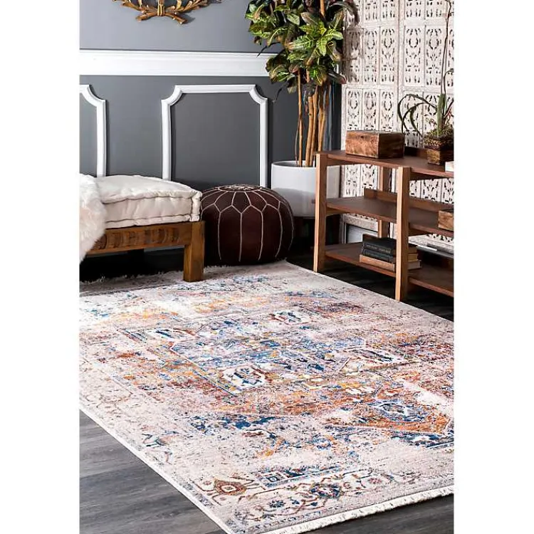 Area Rugs-Kirklands Home Orange Eli Medallion Fringe Area Rug, 5x8