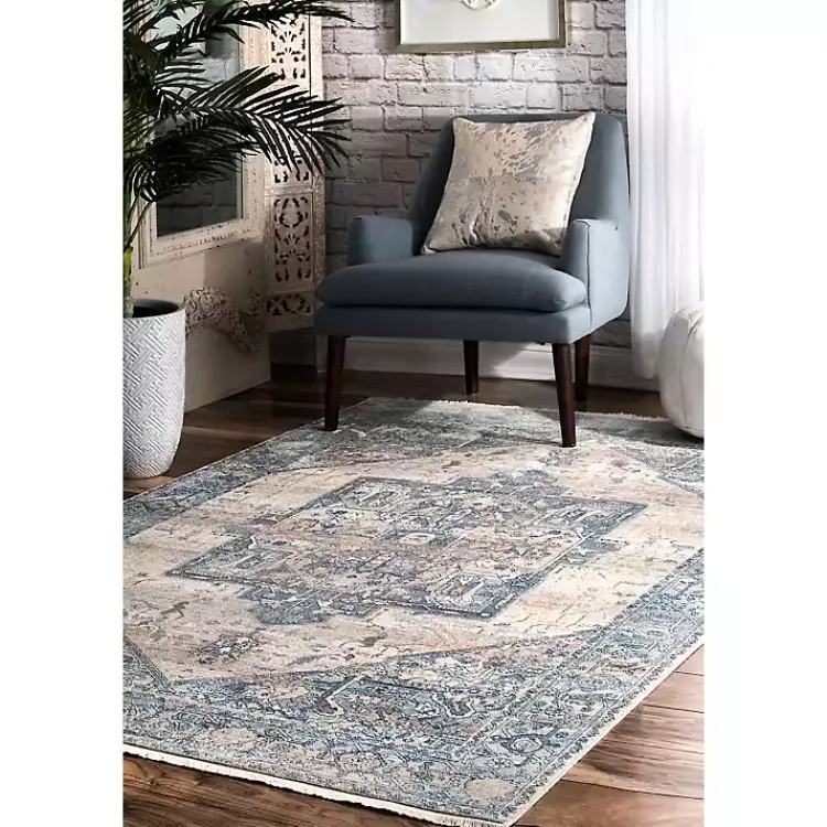 Area Rugs-Kirklands Home Blue Eli Medallion Fringe Area Rug, 4x6