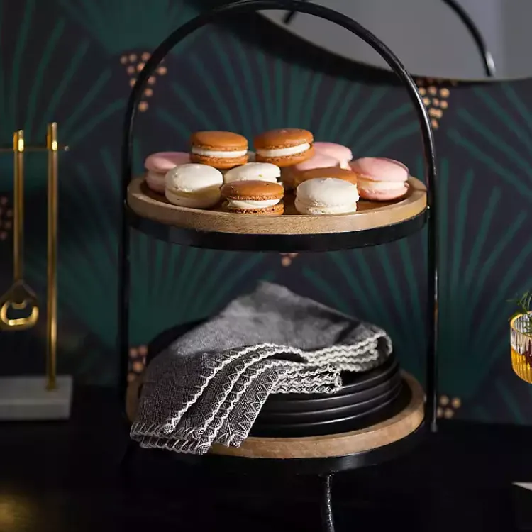 Serving & Entertaining-Kirklands Home Black Metal and Natural Wood 2-Tier Server