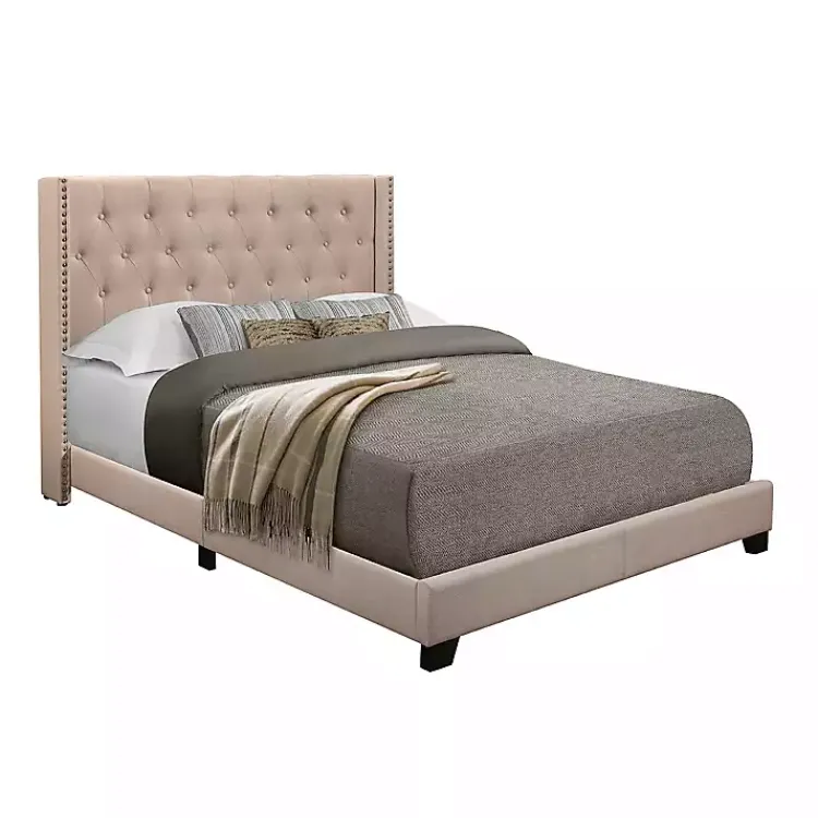 Beds & Headboards-Kirklands Home Beige Upholstered Button Tufted Wing Queen Bed Tan