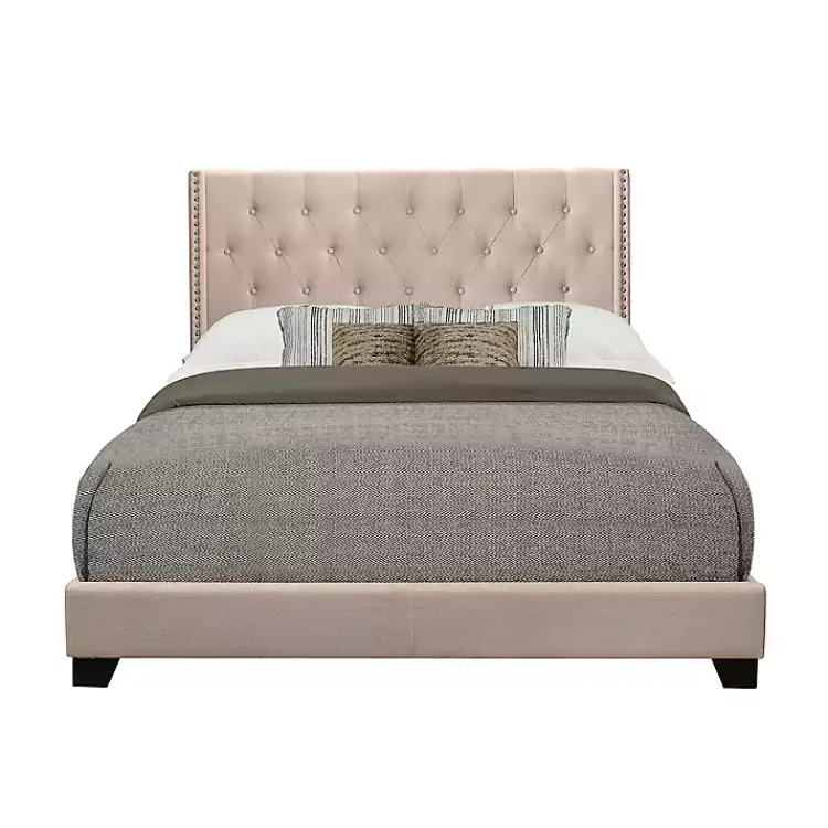 Beds & Headboards-Kirklands Home Beige Upholstered Button Tufted Wing Queen Bed Tan