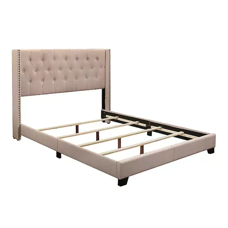 Beds & Headboards-Kirklands Home Beige Upholstered Button Tufted Wing Queen Bed Tan
