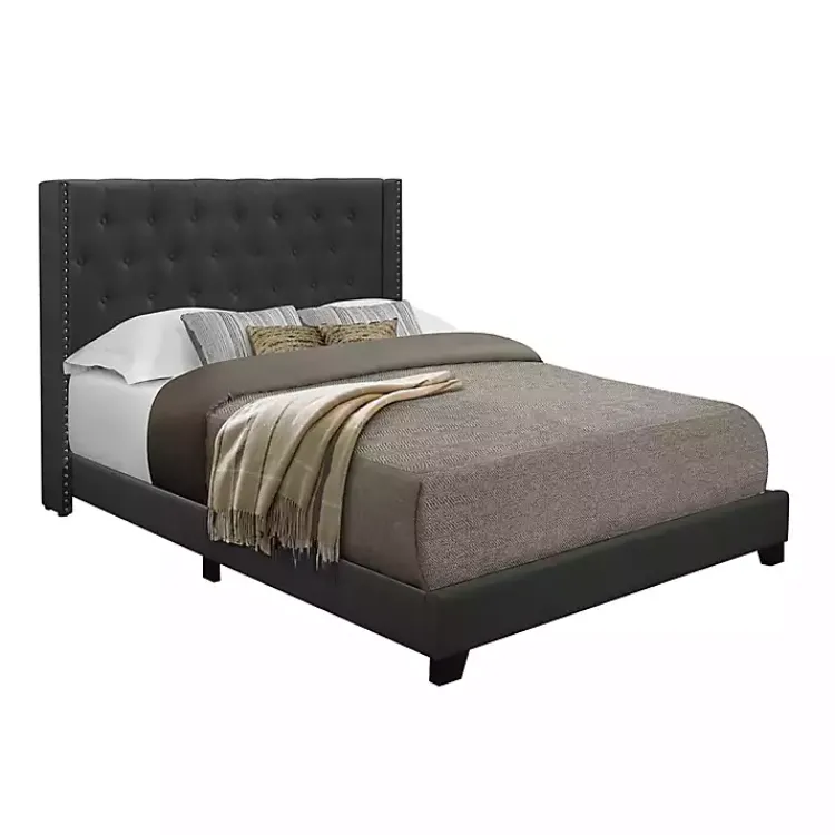 Beds & Headboards-Kirklands Home Dark Upholstered Button Tufted Wing King Bed Gray