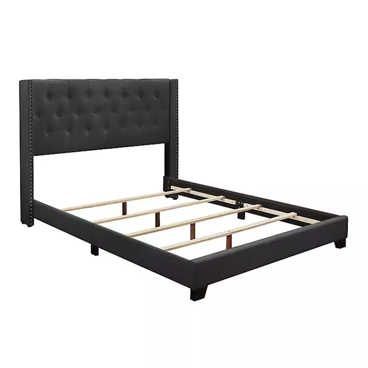 Beds & Headboards-Kirklands Home Dark Upholstered Button Tufted Wing King Bed Gray