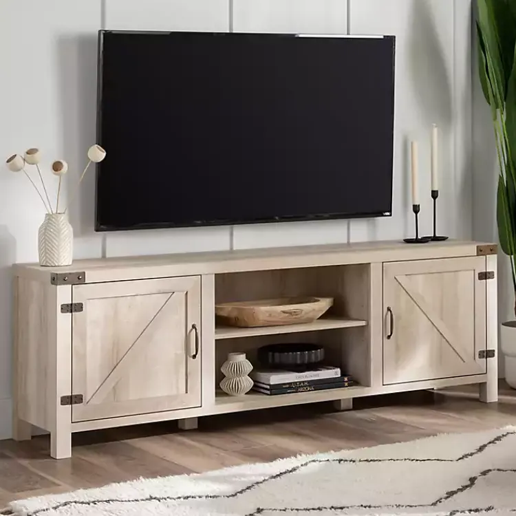 Tv Stands & Media Consoles-Kirklands Home Oak Barn Door TV Stand White