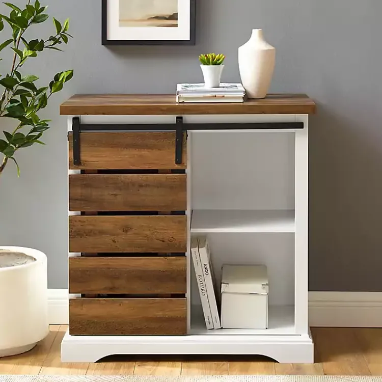 Cabinets & Sideboards-Kirklands Home Slatted Sliding Barn Door White and Oak Cabinet Brown