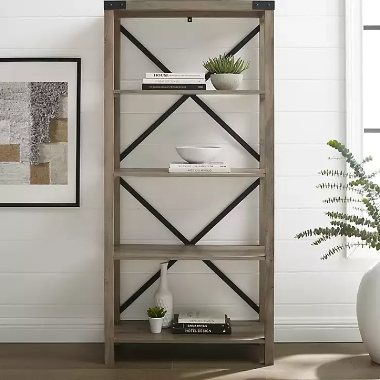 Bookshelves-Kirklands Home Wash Metal X Frame Back Bookshelf Gray