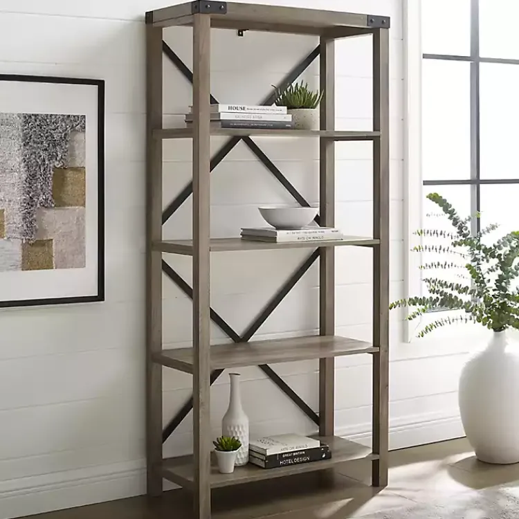 Bookshelves-Kirklands Home Wash Metal X Frame Back Bookshelf Gray
